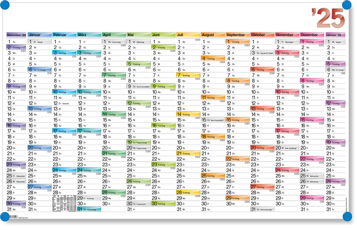 14 Monats-Kalender in Regenbogenfarben für das Jahr 2025