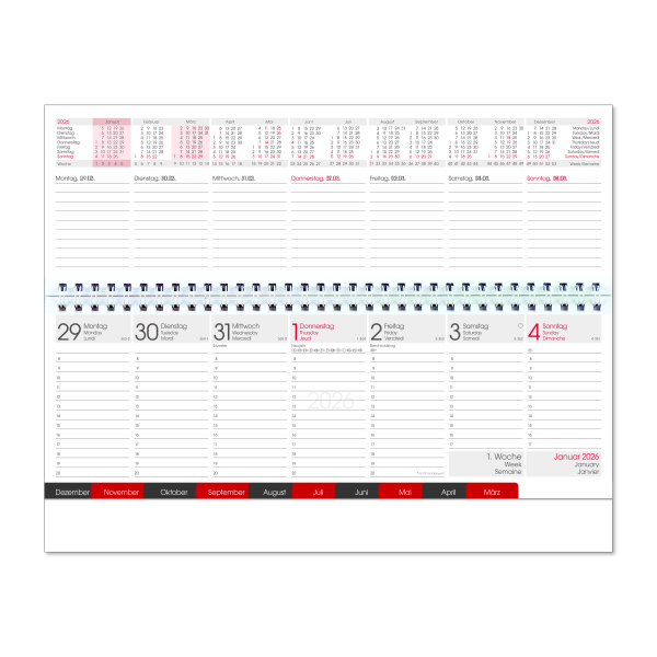 Tischkalender Rot mit Register, Tischquerkalender